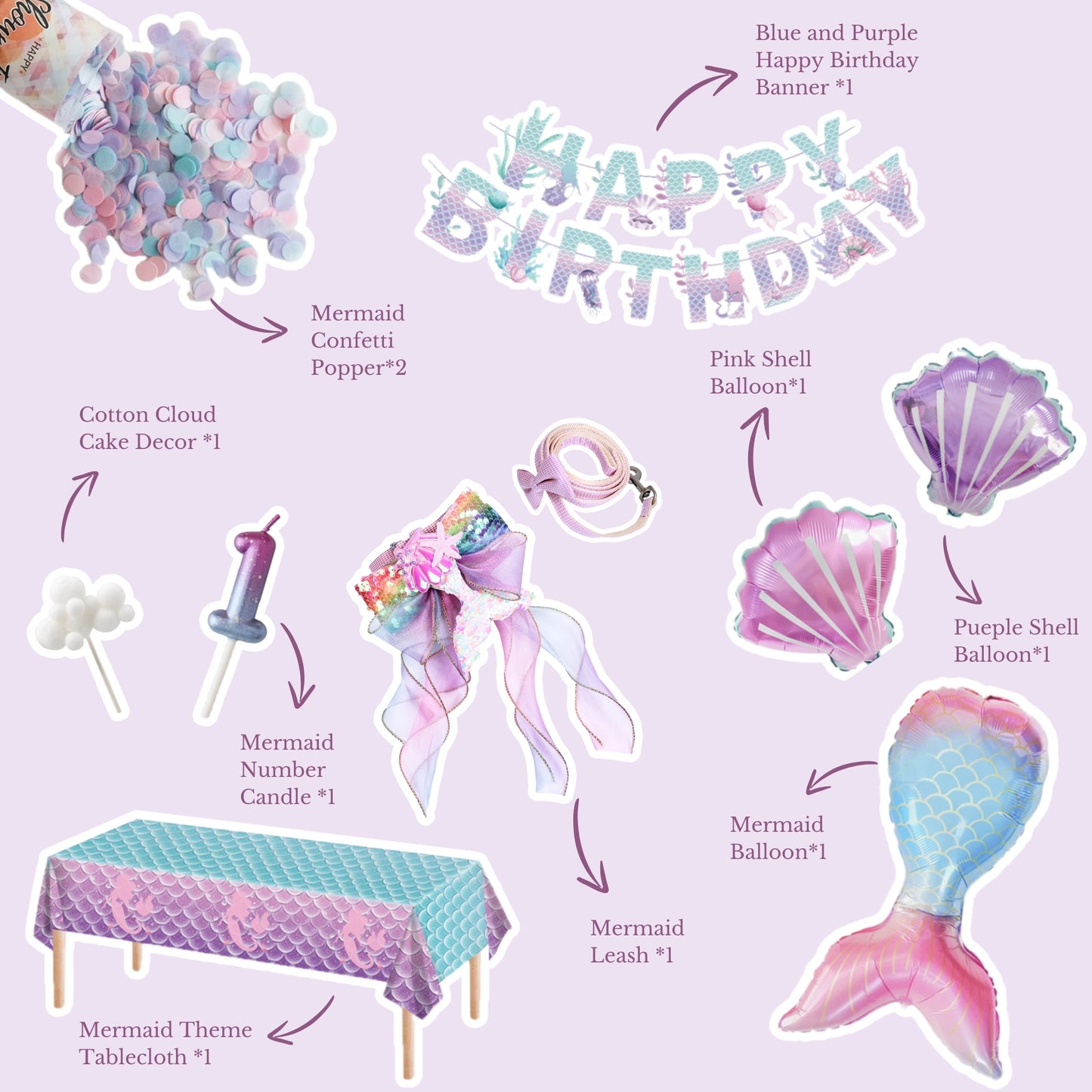 Mermaid Purple Fantasy - Cat and Dog Birthday Party Kit