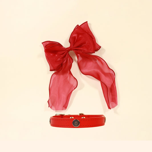 Handmade Red Silk Chiffon Charm with Two Pressed ON/OFF Lights for Cats (Collar + Charm)