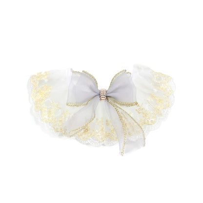 Elegant Pearl & Diamond White Smoke Lace Collar with Gold Trim